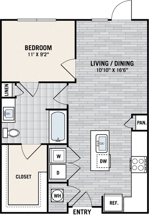 Floor plan for 1 bed, 1 bath, 683 sqft